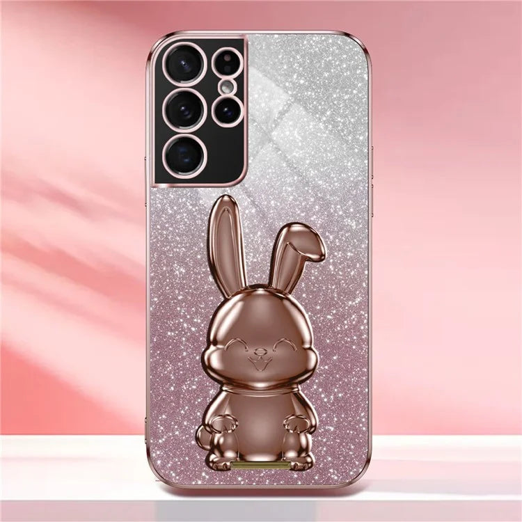 For Samsung Galaxy S21 Ultra 5G Case Lovely Rabbit PC+TPU Pull-out Kickstand Smartphone Cover