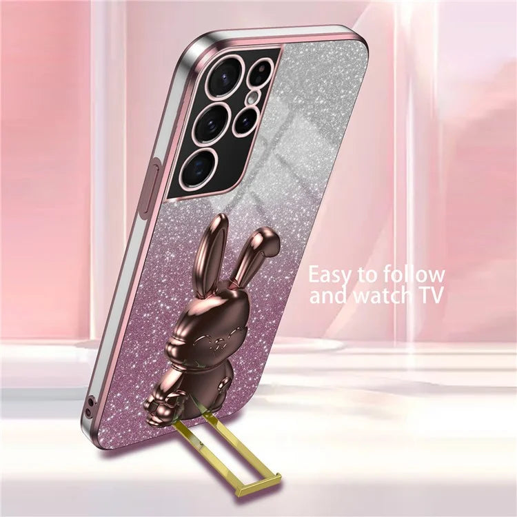 For Samsung Galaxy S21 Ultra 5G Case Lovely Rabbit PC+TPU Pull-out Kickstand Smartphone Cover
