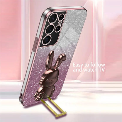 For Samsung Galaxy S21 Ultra 5G Case Lovely Rabbit PC+TPU Pull-out Kickstand Smartphone Cover