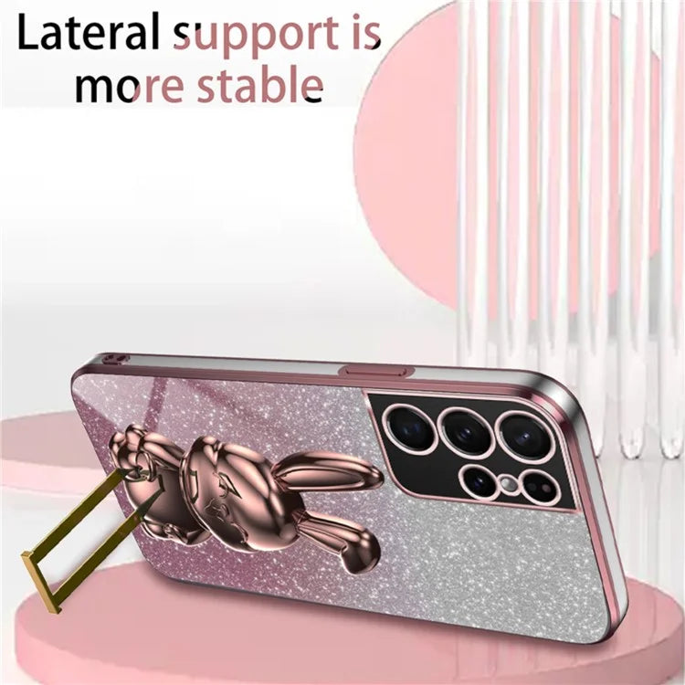 For Samsung Galaxy S21 Ultra 5G Case Lovely Rabbit PC+TPU Pull-out Kickstand Smartphone Cover