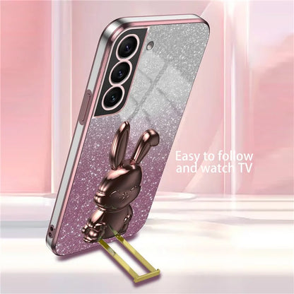 For Samsung Galaxy S22 5G Kickstand Phone Case Cartoon Rabbit Glitter Drop-proof Cover