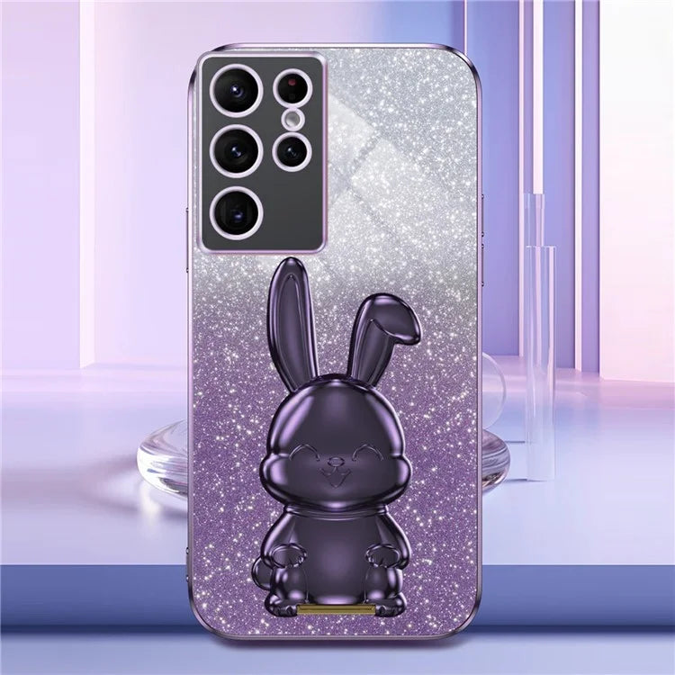For Samsung Galaxy S22 Ultra 5G Case Pull-out Kickstand Cartoon Rabbit Anti-drop Phone Cover