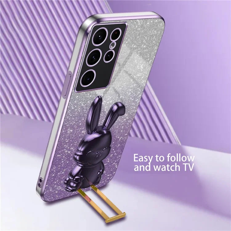 For Samsung Galaxy S22 Ultra 5G Case Pull-out Kickstand Cartoon Rabbit Anti-drop Phone Cover