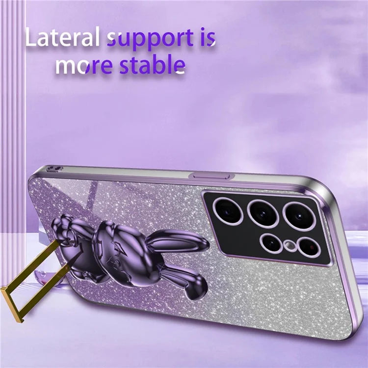 For Samsung Galaxy S22 Ultra 5G Case Pull-out Kickstand Cartoon Rabbit Anti-drop Phone Cover