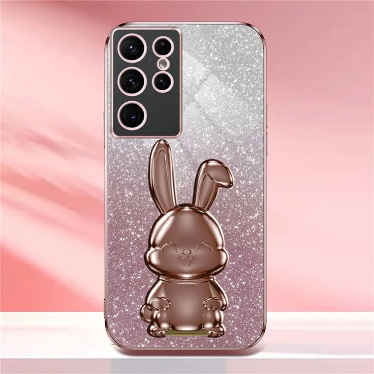 For Samsung Galaxy S22 Ultra 5G Case Pull-out Kickstand Cartoon Rabbit Anti-drop Phone Cover