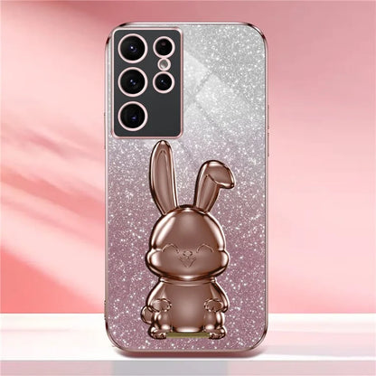 For Samsung Galaxy S22 Ultra 5G Case Pull-out Kickstand Cartoon Rabbit Anti-drop Phone Cover