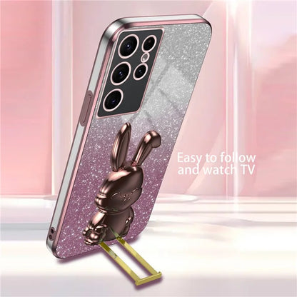 For Samsung Galaxy S22 Ultra 5G Case Pull-out Kickstand Cartoon Rabbit Anti-drop Phone Cover