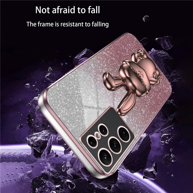 For Samsung Galaxy S22 Ultra 5G Case Pull-out Kickstand Cartoon Rabbit Anti-drop Phone Cover