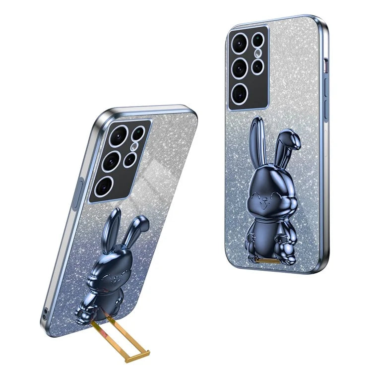For Samsung Galaxy S22 Ultra 5G Case Pull-out Kickstand Cartoon Rabbit Anti-drop Phone Cover