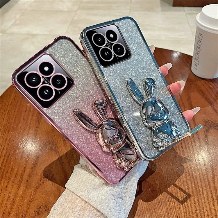 For Xiaomi 14 Case Glitter Electroplated Cartoon Rabbit Phone Cover with Pull-out Kickstand