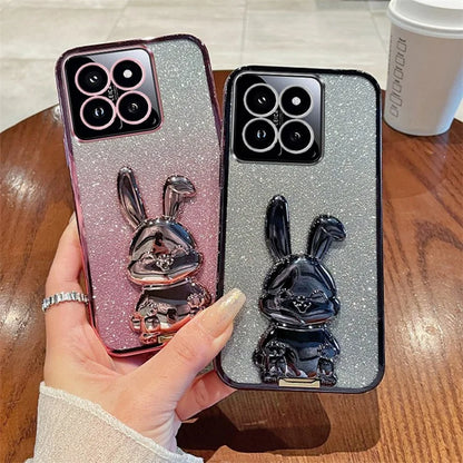 For Xiaomi 14 Case Glitter Electroplated Cartoon Rabbit Phone Cover with Pull-out Kickstand