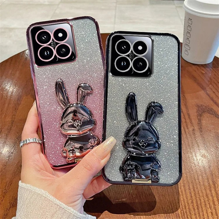 For Xiaomi 14 Case Glitter Electroplated Cartoon Rabbit Phone Cover with Pull-out Kickstand