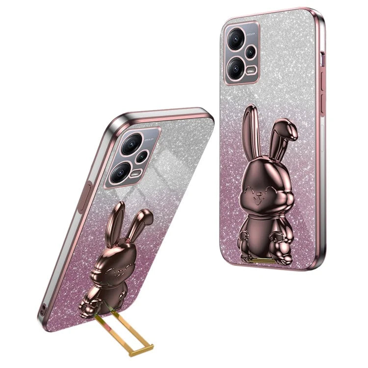 For Xiaomi Redmi Note 12 5G (Global) Phone Case Cute Rabbit Pull-out Kickstand Shockproof PC+TPU Cover