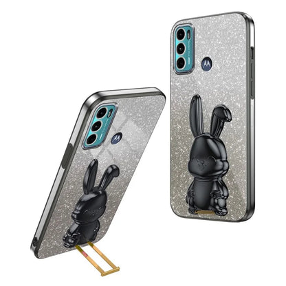 For Motorola Moto G60 Case Glitter PC+TPU Cartoon Rabbit Kickstand Back Shell