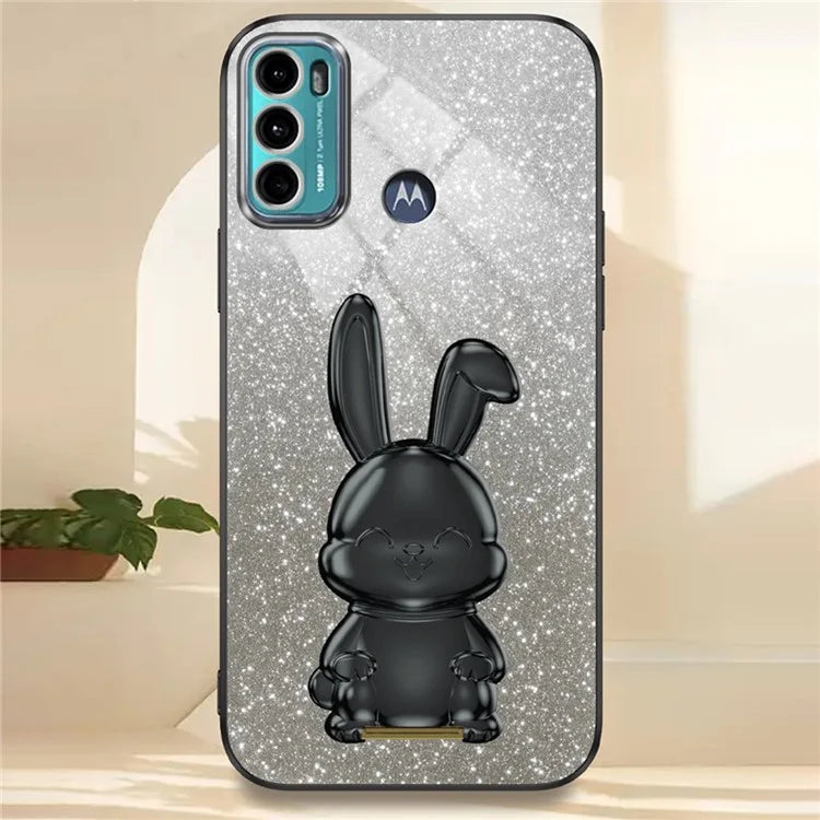 For Motorola Moto G60 Case Glitter PC+TPU Cartoon Rabbit Kickstand Back Shell