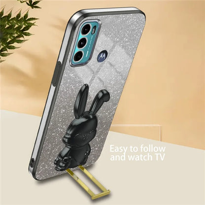 For Motorola Moto G60 Case Glitter PC+TPU Cartoon Rabbit Kickstand Back Shell