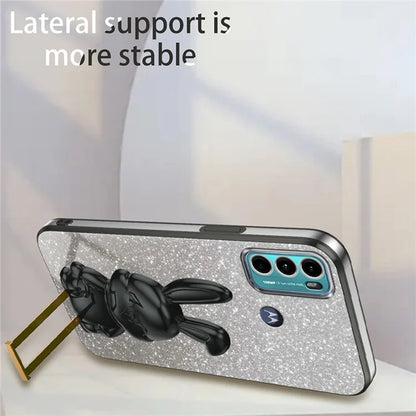 For Motorola Moto G60 Case Glitter PC+TPU Cartoon Rabbit Kickstand Back Shell