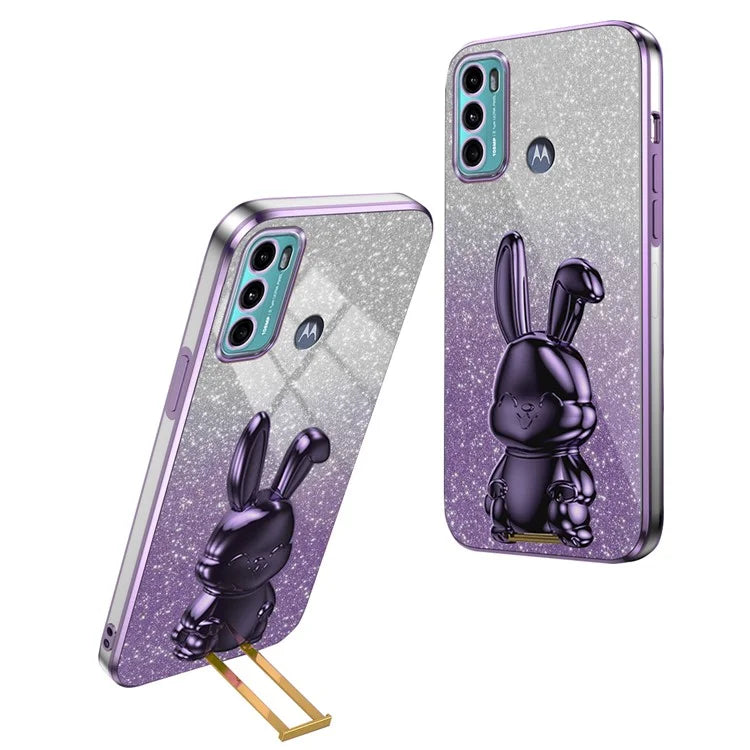 For Motorola Moto G60 Case Glitter PC+TPU Cartoon Rabbit Kickstand Back Shell