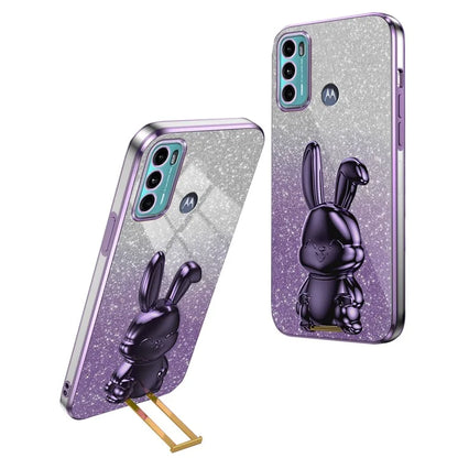 For Motorola Moto G60 Case Glitter PC+TPU Cartoon Rabbit Kickstand Back Shell