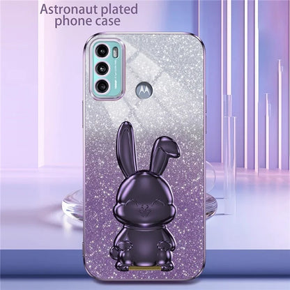 For Motorola Moto G60 Case Glitter PC+TPU Cartoon Rabbit Kickstand Back Shell