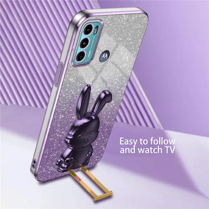 For Motorola Moto G60 Case Glitter PC+TPU Cartoon Rabbit Kickstand Back Shell