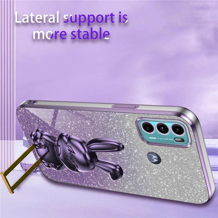 For Motorola Moto G60 Case Glitter PC+TPU Cartoon Rabbit Kickstand Back Shell