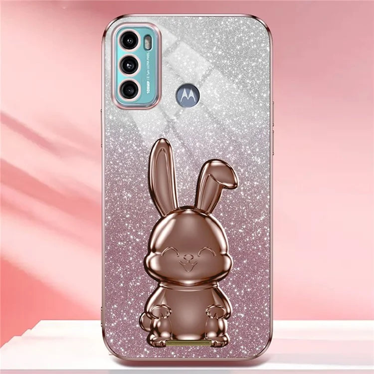 For Motorola Moto G60 Case Glitter PC+TPU Cartoon Rabbit Kickstand Back Shell