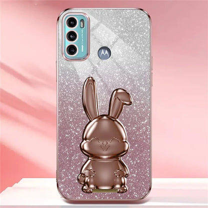 For Motorola Moto G60 Case Glitter PC+TPU Cartoon Rabbit Kickstand Back Shell