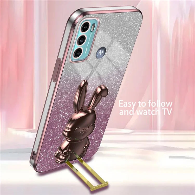 For Motorola Moto G60 Case Glitter PC+TPU Cartoon Rabbit Kickstand Back Shell