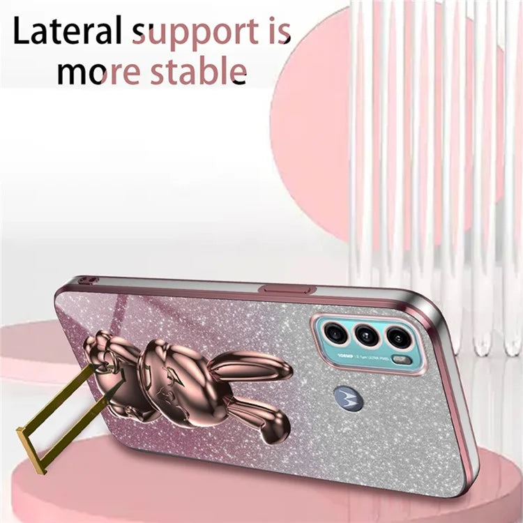 For Motorola Moto G60 Case Glitter PC+TPU Cartoon Rabbit Kickstand Back Shell
