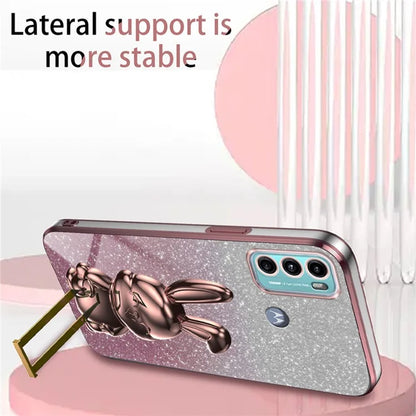 For Motorola Moto G60 Case Glitter PC+TPU Cartoon Rabbit Kickstand Back Shell