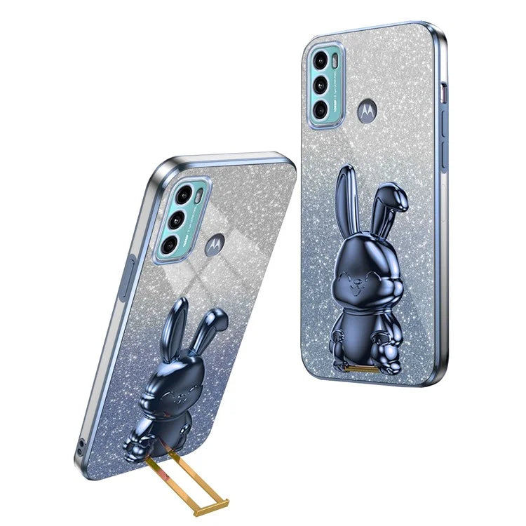 For Motorola Moto G60 Case Glitter PC+TPU Cartoon Rabbit Kickstand Back Shell