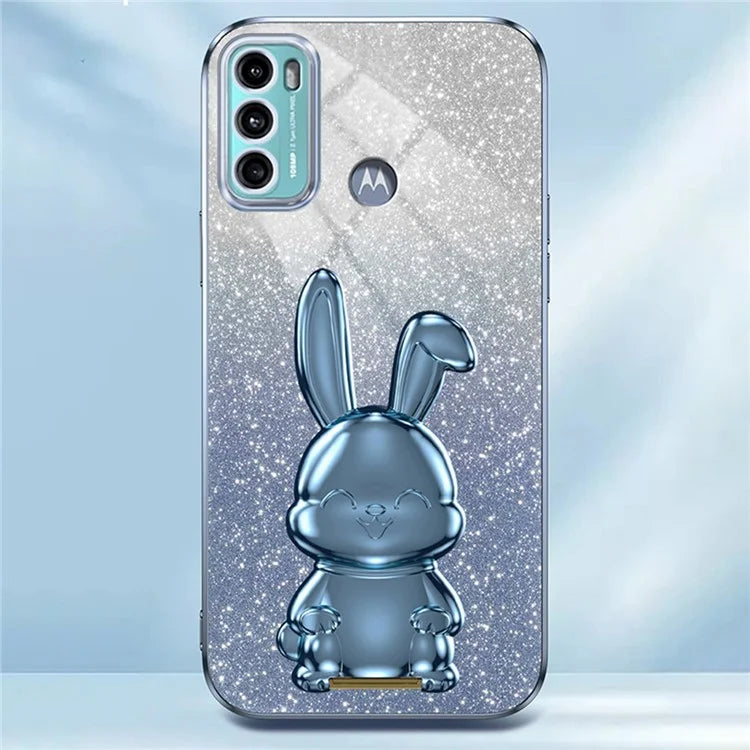 For Motorola Moto G60 Case Glitter PC+TPU Cartoon Rabbit Kickstand Back Shell
