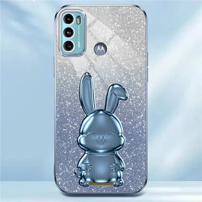For Motorola Moto G60 Case Glitter PC+TPU Cartoon Rabbit Kickstand Back Shell