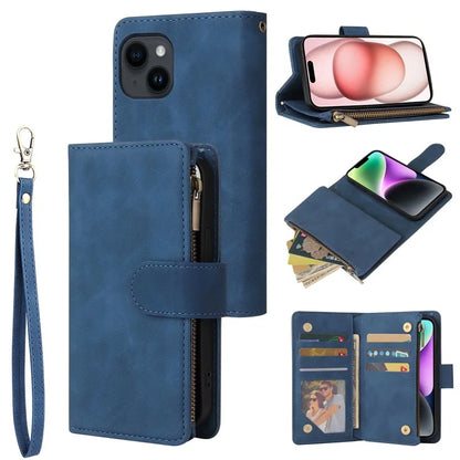 For iPhone 15 Plus Cell Phone Case Multiple Card Slots Zipper Wallet Leather Protection Cover