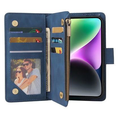 For iPhone 15 Plus Cell Phone Case Multiple Card Slots Zipper Wallet Leather Protection Cover