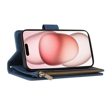 For iPhone 15 Plus Cell Phone Case Multiple Card Slots Zipper Wallet Leather Protection Cover