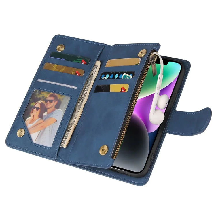 For iPhone 15 Plus Cell Phone Case Multiple Card Slots Zipper Wallet Leather Protection Cover