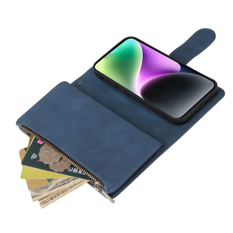 For iPhone 15 Plus Cell Phone Case Multiple Card Slots Zipper Wallet Leather Protection Cover