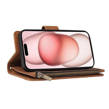 For iPhone 15 Plus Cell Phone Case Multiple Card Slots Zipper Wallet Leather Protection Cover