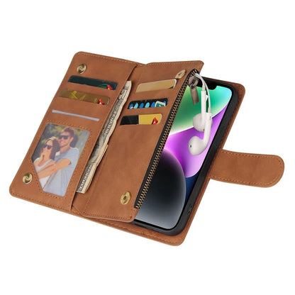 For iPhone 15 Plus Cell Phone Case Multiple Card Slots Zipper Wallet Leather Protection Cover