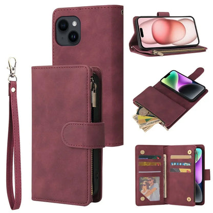 For iPhone 15 Plus Cell Phone Case Multiple Card Slots Zipper Wallet Leather Protection Cover