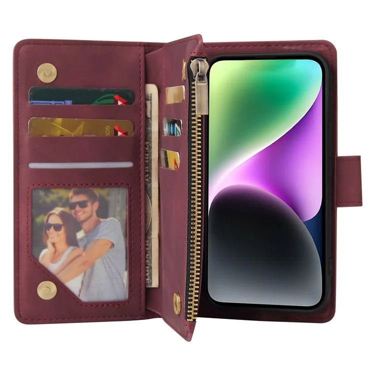 For iPhone 15 Plus Cell Phone Case Multiple Card Slots Zipper Wallet Leather Protection Cover