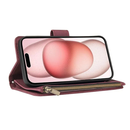 For iPhone 15 Plus Cell Phone Case Multiple Card Slots Zipper Wallet Leather Protection Cover