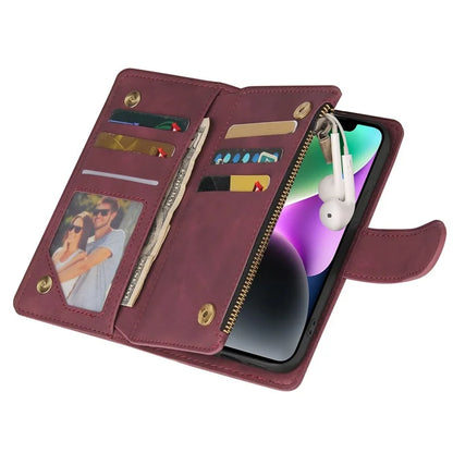 For iPhone 15 Plus Cell Phone Case Multiple Card Slots Zipper Wallet Leather Protection Cover