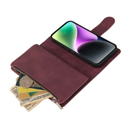 For iPhone 15 Plus Cell Phone Case Multiple Card Slots Zipper Wallet Leather Protection Cover