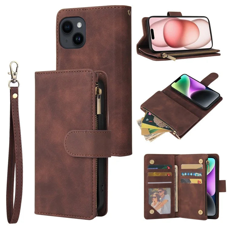 For iPhone 15 Plus Cell Phone Case Multiple Card Slots Zipper Wallet Leather Protection Cover