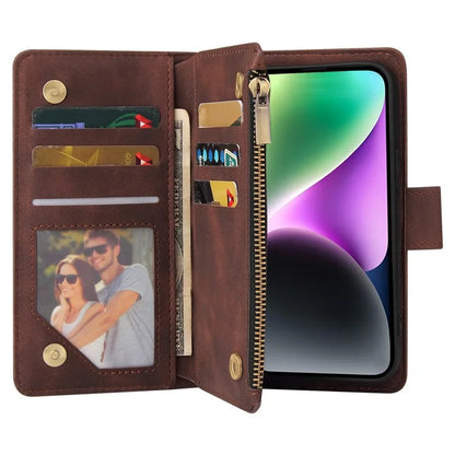 For iPhone 15 Plus Cell Phone Case Multiple Card Slots Zipper Wallet Leather Protection Cover