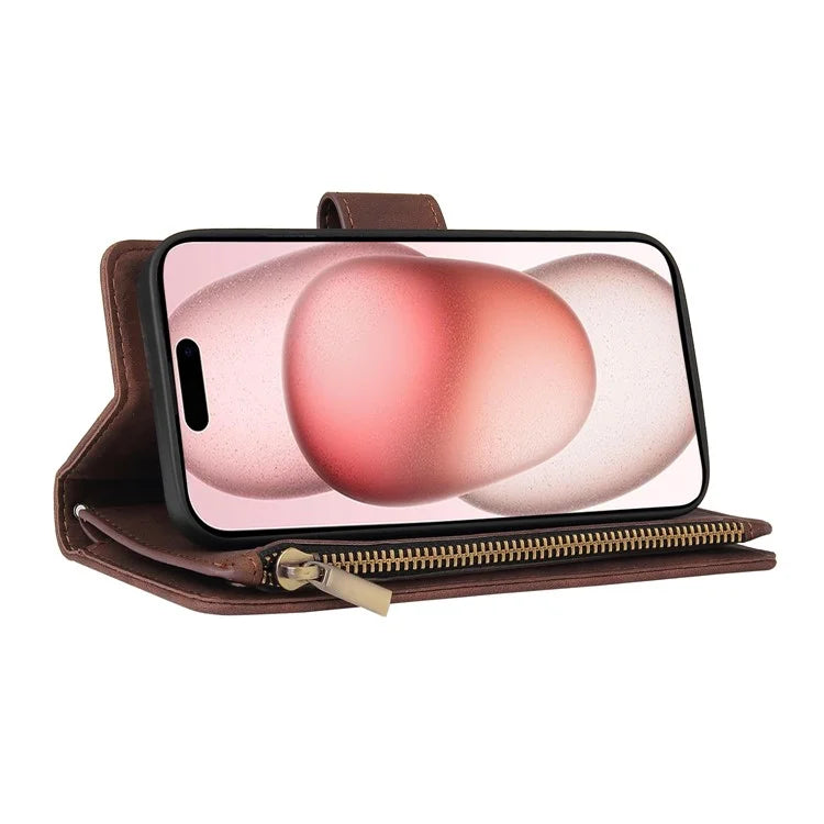 For iPhone 15 Plus Cell Phone Case Multiple Card Slots Zipper Wallet Leather Protection Cover