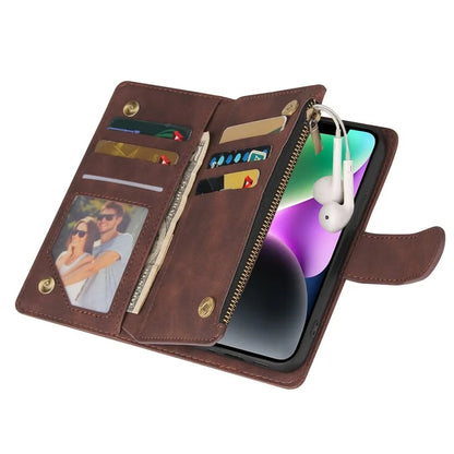 For iPhone 15 Plus Cell Phone Case Multiple Card Slots Zipper Wallet Leather Protection Cover